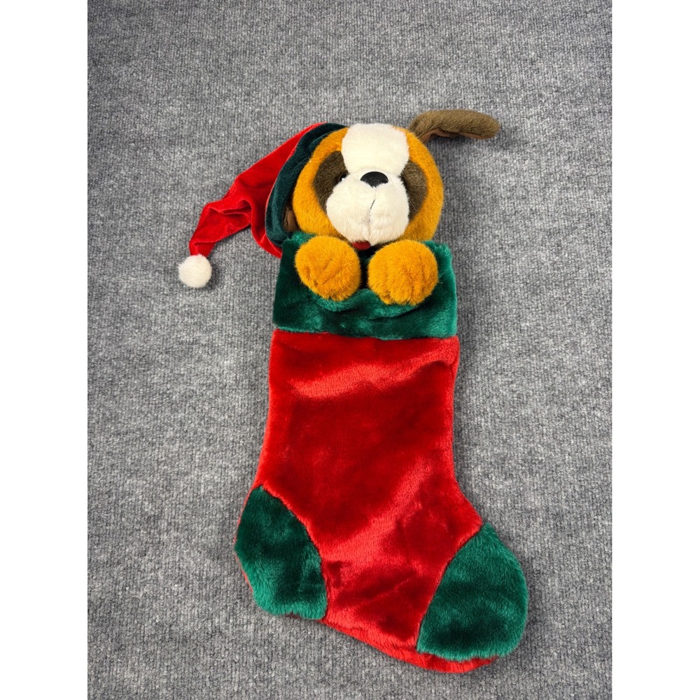 Prima Creations Christmas Stocking Unisex OS Red Green Plush Puppy Dog Santa Hat
